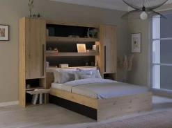 Vente-unique Puente de cama con almacenaje y LED natural y negro - VARLY Negro / Color natural claro Clearance