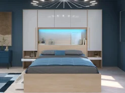 Vente-unique Cabecero Y Puente De Cama|Puente de cama con almacenamiento y LEDs L265 cm color blanco brillante y natural - VELONA
