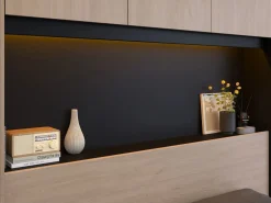 Vente-unique Puente de cama con compartimentos y LEDs L265 cm color natural y negro - VELONA Color natural claro Outlet