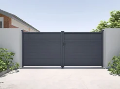 EXPERTLAND Portón|Puerta batiente eléctrica de aluminio con lamas L397 x H181 cm - VIAZO