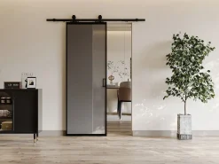 Vente-unique Puerta corredera - aluminio y vidrio templado ahumado - Alt. 205 x Ancho 83 cm - LINCI II Negro Online