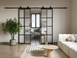 Vente-unique Puerta corredera doble - vidrio templado esmerilado - 2 x Alt. 205 x L83 cm - WILDEN II Negro Discount