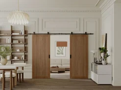 Vente-unique Puerta Corredera|Puerta corredera doble con riel de MDF y madera natural oscuro - 2 x Alt. 205 x L73 cm - SANDORA
