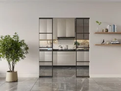 Vente-unique Puerta corredera doble empotrable vidrio transparente, 2 x Alt. 205 x L63 cm SINCA II Negro Hot