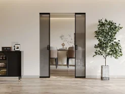 Vente-unique Puerta corredera doble sistema de empotramiento - vidrio ahumado - 2 x Alt. 205 x Ancho 73 cm - LINCI II Negro Clearance