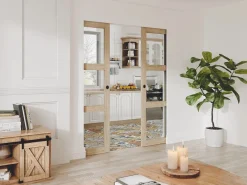 Vente-unique Puerta corredera doble sistema de empotrado 3 ventanas 2 x L73 cm Vidrio templado ACOSTA II Color natural claro Discount