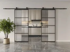Vente-unique Puerta corredera doble vista vidrio esmerilado, aluminio 2 x Alt. 205 x L63 cm - SINCA II Negro Discount