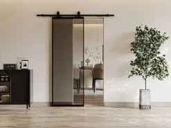 Vente-unique Puerta corredera en aplique - aluminio cristal ahumado - Alt. 205 x L63 cm - LINCI II Negro Sale
