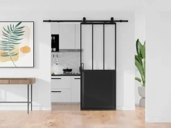 Vente-unique Puerta Corredera|Puerta corredera estilo taller con riel Alt. 205 x Ancho 63 cm, vidrio transparente, ARTISTO II