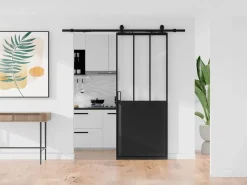 Vente-unique Puerta corredera para taller aplicada en riel, MDF y vidrio esmerilado, Alt. 205 x Ancho 73 cm, ARTISTO II Negro Discount