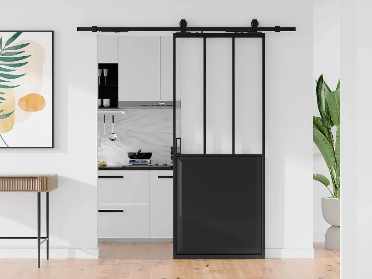 Vente-unique Puerta corredera tipo taller con riel, MDF y vidrio templado, Alt. 205 x Ancho 93 cm, ARTISTO II Negro Online