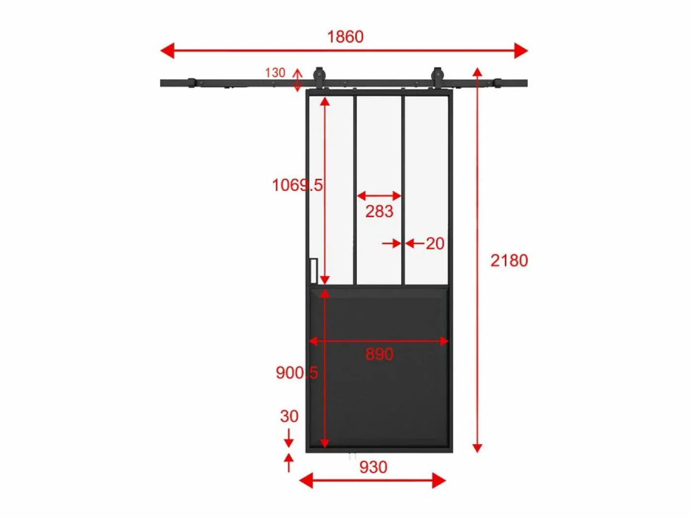 Vente-unique Puerta corredera tipo taller con riel, MDF y vidrio templado, Alt. 205 x Ancho 93 cm, ARTISTO II Negro Online