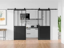 Vente-unique Puerta Corredera|Puerta corredera vista doble con riel de vidrio templado 2 x Alt. 205 x L93 cm, ARTISTO II