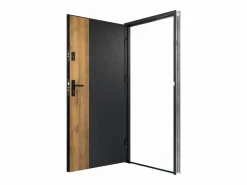 Vente-unique Puerta De Entrada|Puerta de entrada de acero Alt. 207 x L100 cm - Negro y madera - apertura derecha - MABENA