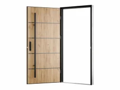 Vente-unique Puerta De Entrada|Puerta de entrada de acero macizo e inoxidable Alt.207 x An. 100 cm efecto roble Apertura derecha - LUSADA