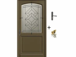 GD Menuiseries Puerta de entrada de madera acristalada, Elsie, Verde RAL7002, Al.215xl.90 p. derecha + Mango Y Cañón (ref 010403FP) Dimensión mesa sin manilla Color natural claro Best