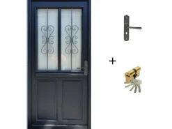 GD Menuiseries Puerta de entrada de madera acristalada, Sobra, Al.215xl.90 p.izq + Tirador Y Cilindro (ref 010403FP) Lateral de mesa sin manilla Color natural claro New