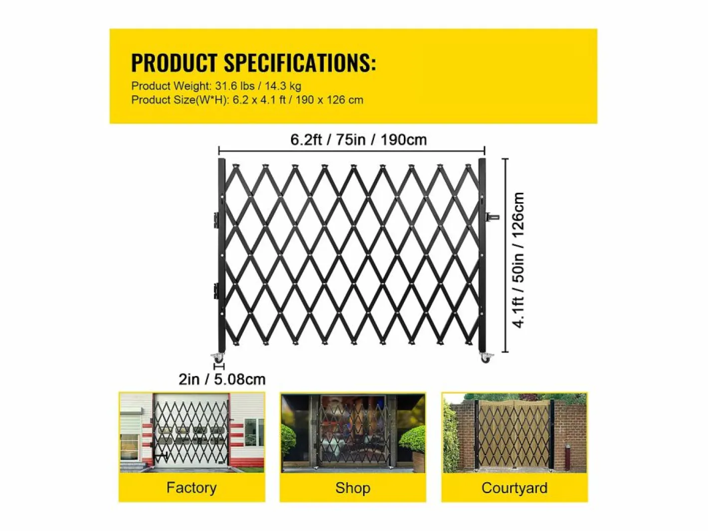 Puerta de Seguridad Plegable Individual SucceBuy de 190,5 Cm de Ancho x 122 Cm de Alto, Puerta de Tijera Negro Best