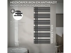 LuxeBath Toallero Eléctrico|Radiador de baño EM Iron 600x1400 mm Antracita Conexión central en la parte inferior