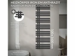 LuxeBath Toallero Eléctrico|Radiador de panel antracita para baño 500x1600mm con conexión central universal