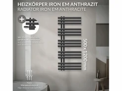 Radiador de panel antracita para baño 500x1200mm con conexión central universal^LuxeBath Best