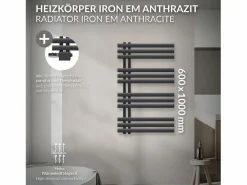 Radiador de panel antracita para baño 600x1000mm con conexión central universal^LuxeBath Hot