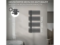 LuxeBath Toallero Eléctrico|Radiador de panel antracita para baño 500x1000mm con conexión central universal