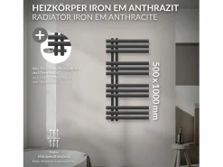 LuxeBath Toallero Eléctrico|Radiador de panel antracita para baño 500x1000mm con conexión central al suelo