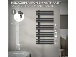 Radiador toallero eléctrico antracita 600 x 1200mm con elemento calefactor 1200W^LuxeBath New