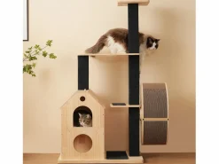 ModernLuxe Juego De Animales|Árbol para gatos 80×40×152 cm - con 4 plataformas - 2 casitas para gatos - rodillo para gatos - rascador para gatos - natural
