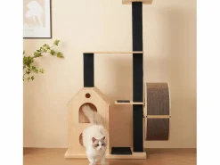 Árbol para gatos con rueda de ejercicio - 80 x 40 x 152 cm - con 4 plataformas + 2 casitas + alfombra rascadora - Madera - Natural^Merax Sale