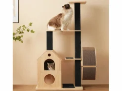 Árbol para gatos con rueda de ejercicio - 80 x 40 x 152 cm - con 4 plataformas + 2 casitas + alfombra rascadora - Madera - Natural^Merax Sale
