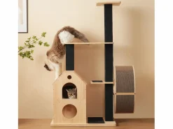 Árbol para gatos con rueda de ejercicio - 80 x 40 x 152 cm - con 4 plataformas + 2 casitas + alfombra rascadora - Madera - Natural^Merax Sale