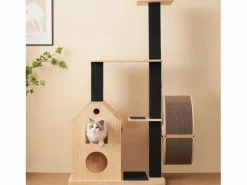 Árbol para gatos con rueda de ejercicio - 80 x 40 x 152 cm - con 4 plataformas + 2 casitas + alfombra rascadora - Madera - Natural^Merax Sale