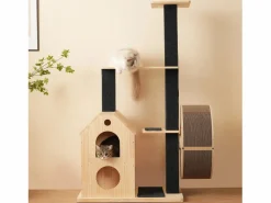 Árbol para gatos con rueda de ejercicio - 80 x 40 x 152 cm - con 4 plataformas + 2 casitas + alfombra rascadora - Madera - Natural^Merax Sale