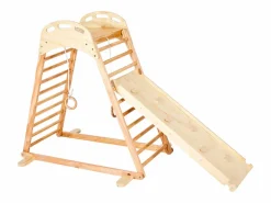 Área de Juegos Interior SucceBuy de Madera 4-en-1, con Pared de Escalada, Tobogán, Escalera de Madera y Anillos de Gimnasia, Estructura de Juegos^ Best