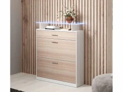 MB Muebles Bonitos Recibidor zapatero para Entrada Pasillo en Blanco y Sonoma con LED 89x24x105cm Paola Color natural claro / Blanco Clearance