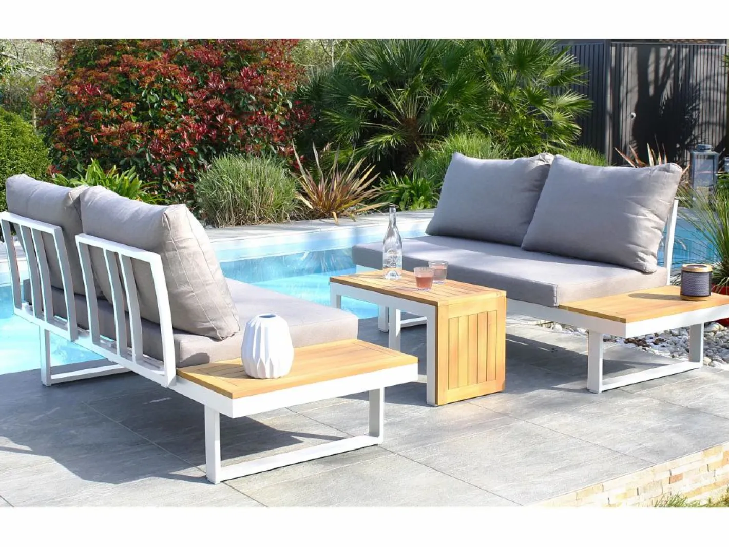 Dcb Garden Salón de jardín 4 plazas de madera de acacia y aluminio Blanco