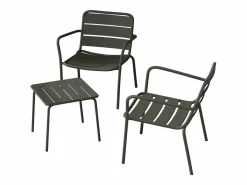 Salón de jardín de metal : 2 sillones bajos apilables y 1 mesa auxiliar cuadrada^MYLIA