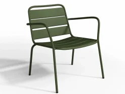 MYLIA Salones De Jardín|Salón de jardín de metal verde kaki: 2 sillones bajos apilables y una mesa auxiliar