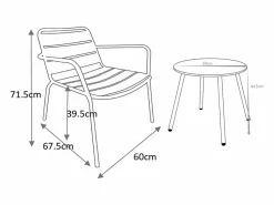 MYLIA Salones De Jardín|Salón de jardín de metal verde kaki: 2 sillones bajos apilables y una mesa auxiliar