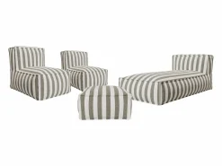 Salón de jardín en tela bouclé 4 plazas: 1 Chaise longue, 2 sillones y un puf - Rayas blancas y beige - NOUMARA de^MYLIA Online