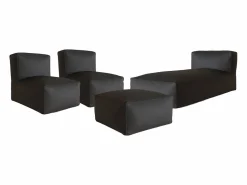 Salón de jardín en tela bouclé 4 plazas: 1 Chaise longue, 2 sillones y un puf - Rayas blancas y beige - NOUMARA de^MYLIA Online