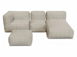 MYLIA Salón de jardín en tela bouclé 4 plazas: 1 sillón, 1 rinconera, 1 Chaise longue y 1 puf - - NOUMARA de Beige New