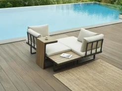 MYLIA Salones De Jardín|Salón de jardín modular de aluminio: 2 sofás y una mesa de centro - Antracita con cojines beige - BAMBAÏA de