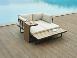 MYLIA Salones De Jardín|Salón de jardín modular de aluminio: 2 sofás y una mesa de centro - Antracita con cojines beige - BAMBAÏA de