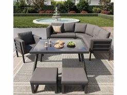 DripeX Salón de jardín modular metal: 1 sofá 5 plazas panorámico, 1 sillón, 2 taburetes y mesa centro - Gris New