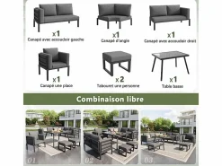 DripeX Salón de jardín modular metal: 1 sofá 5 plazas panorámico, 1 sillón, 2 taburetes y mesa centro - Gris New