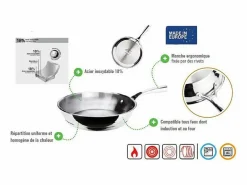 Sartén INOXIBAR 26 cm en acero inoxidable 18% Triply, mango ergonómico, compatible con todo tipo de fuegos e inducción, apta para lavavajillas Gris New