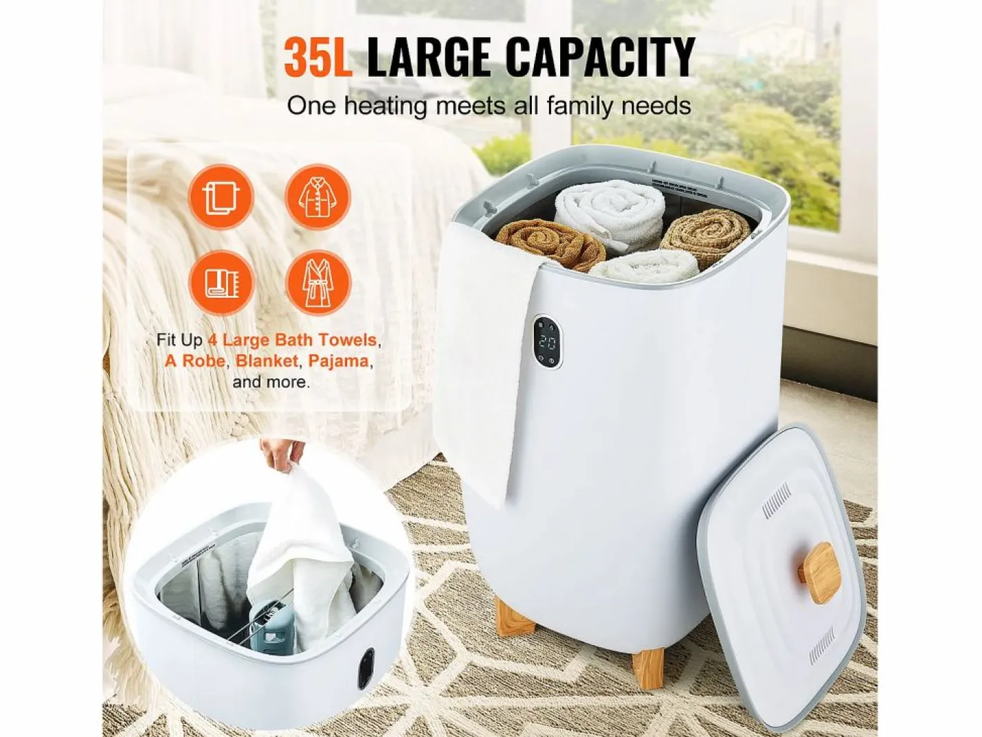Secador de Toallas SucceBuy, Balde Calentador de Toallas 35L, Pantalla LED, Función Secado, Minutería,^ Hot